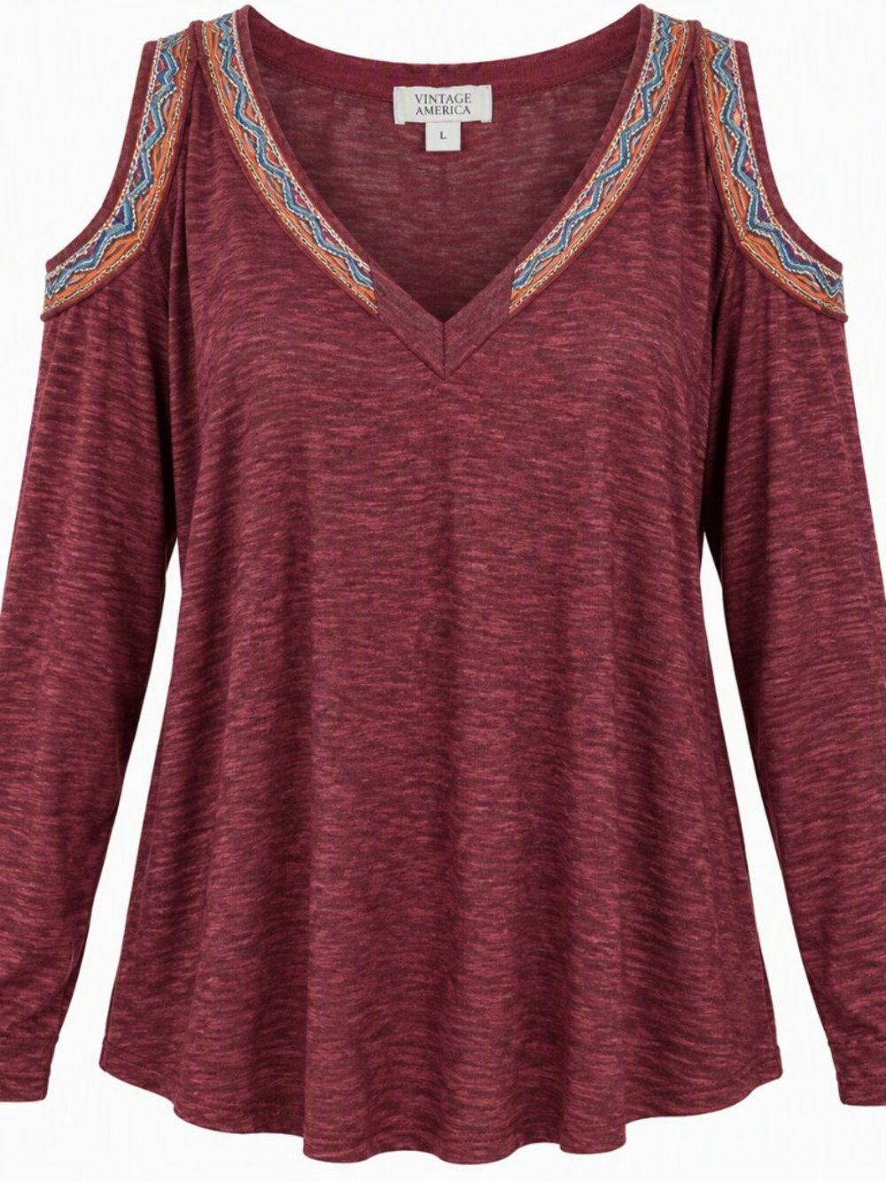 Vintage America Peroline Top Size Large Burgundy Cold Shoulder Boho Long Sleeve
